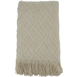 Blankets & Throws-Kirkland's Home Knitted Beige With Fringe Throw Blanket Tan