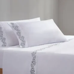 Bed Sheets-Kirkland's Home Leafy Vine Hem Microfiber 4-Pc. Queen Sheet Set White/Green