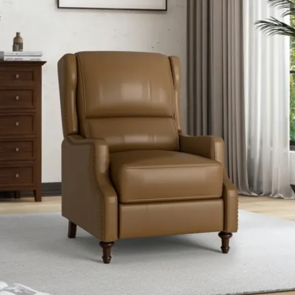 Accent Chairs-Kirkland's Home Leather Nailhead Trim Classic Recliner Brown