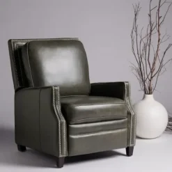 Accent Chairs-Kirkland's Home Leather Nailhead Trim Recliner Gray