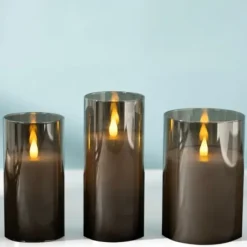Flameless Candles-Kirkland's Home Led Soft Flame Glass Pillar Candle, 4X6 In. Gray