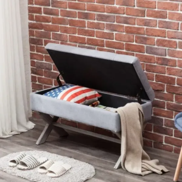 Benches & Ottomans-Kirkland's Home Light Button Tufted Storage Cross Leg Bench Gray