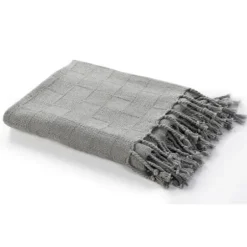 Blankets & Throws-Kirkland's Home Light Checkered Weave Fringe Throw Gray