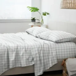 Bed Sheets-Kirkland's Home Light Country Plaid 4-Pc. Queen Bed Sheet Set Gray