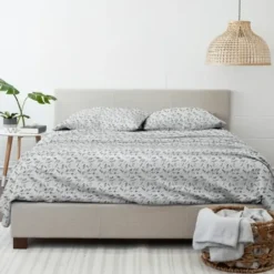 Bed Sheets-Kirkland's Home Light Gray Botanical Flannel 4-Pc. King Sheet Set Gray/White