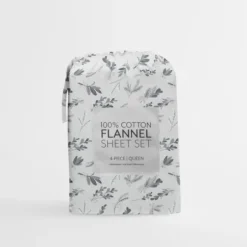 Bed Sheets-Kirkland's Home Light Gray Botanical Flannel 4-Pc. King Sheet Set Gray/White