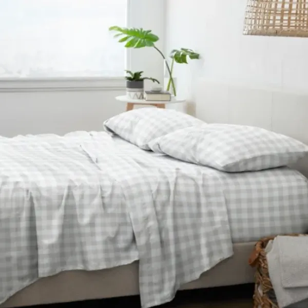 Bed Sheets-Kirkland's Home Light Gray Country Plaid 4-Pc. King Bed Sheet Set Gray/White