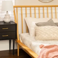 Beds & Headboards-Kirkland's Home Light Oak Modern Spindle Wooden Queen Bed Tan