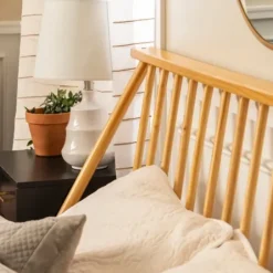 Beds & Headboards-Kirkland's Home Light Oak Modern Spindle Wooden Queen Bed Tan