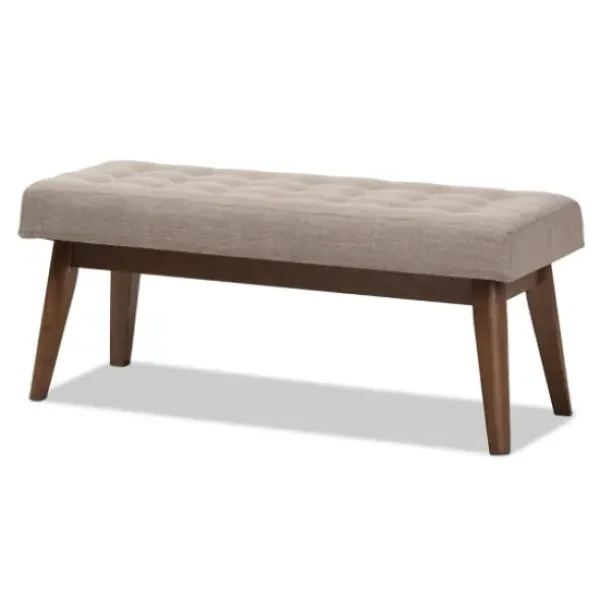 Benches & Ottomans-Kirkland's Home Light Tufted Walnut Wood Bench Gray