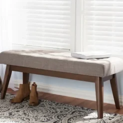 Benches & Ottomans-Kirkland's Home Light Tufted Walnut Wood Bench Gray