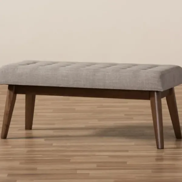 Benches & Ottomans-Kirkland's Home Light Tufted Walnut Wood Bench Gray