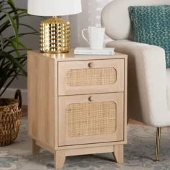 Nightstands-Kirkland's Home Light Wood And Cane Accent Nightstand Brown