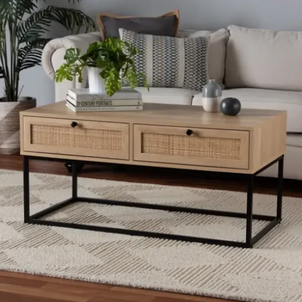 Coffee Tables-Kirkland's Home Light Wood And Rat 2-Drawer Coffee Table Tan
