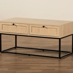Coffee Tables-Kirkland's Home Light Wood And Rat 2-Drawer Coffee Table Tan