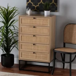 Dressers & Chests-Kirkland's Home Light Wood And Rat 5-Drawer Chest Tan