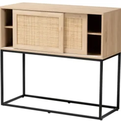 Cabinets & Sideboards-Kirkland's Home Light Wood And Rat Sliding Door Cabinet Tan
