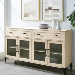 Cabinets & Sideboards-Kirkland's Home Light Wood Fluted Glass Doors Sideboard Tan