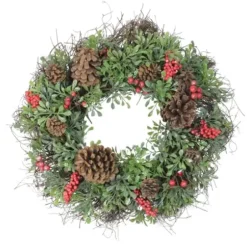 Wreaths-Kirkland's Home Lightly Frosted Cedar And Red Berry Wreath Green/Red/Brown