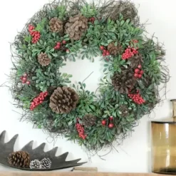 Wreaths-Kirkland's Home Lightly Frosted Cedar And Red Berry Wreath Green/Red/Brown