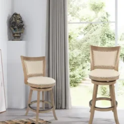 Bar Stools & Counter Height Stools-Kirkland's Home Linen And Driftwood Nailhead Swivel Counter Stool Ivory