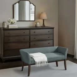 Benches & Ottomans-Kirkland's Home Low Back Flared Nailhead Trim Bench Blue
