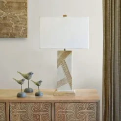 Table Lamps-Kirkland's Home Marble Carved Lines Table Lamp White