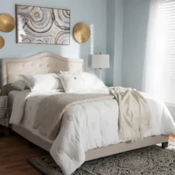 Beds & Headboards-Kirkland's Home Mary Beige Button Tufted Kind Bed Frame Ivory