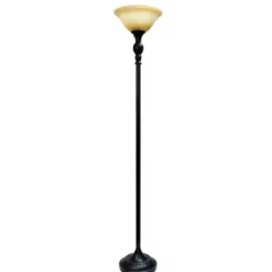 Floor Lamps-Kirkland's Home Matte Black And Amber Glass Torchiere Tan