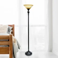 Floor Lamps-Kirkland's Home Matte Black And Amber Glass Torchiere Tan