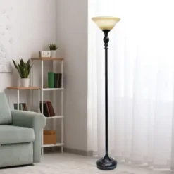 Floor Lamps-Kirkland's Home Matte Black And Amber Glass Torchiere Tan