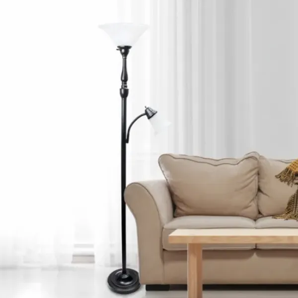 Floor Lamps-Kirkland's Home Matte Bronze And White Reading Arm Torchiere Brown
