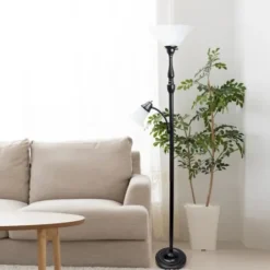 Floor Lamps-Kirkland's Home Matte Bronze And White Reading Arm Torchiere Brown