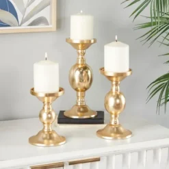 Candle Holders-Kirkland's Home Matte Metal 3-Pc. Pillar Candle Holder Set Gold