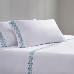 Bed Sheets-Kirkland's Home Medallion Hem Microfiber 4-Pc. Full Sheet Set White/Blue