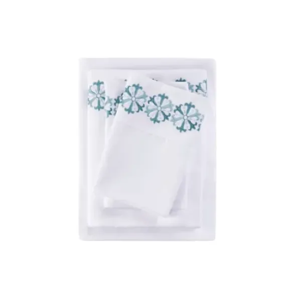 Bed Sheets-Kirkland's Home Medallion Hem Microfiber 4-Pc. Queen Sheet Set White/Blue