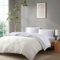 Bed Sheets-Kirkland's Home Medallion Hem Microfiber 4-Pc. Queen Sheet Set White/Blue