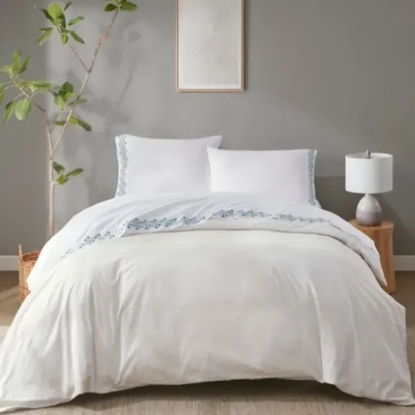 Bed Sheets-Kirkland's Home Medallion Hem Microfiber 4-Pc. Queen Sheet Set White/Blue