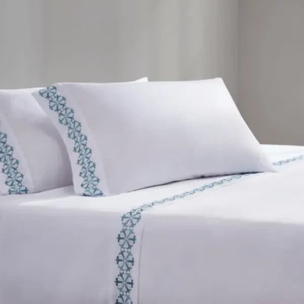 Bed Sheets-Kirkland's Home Medallion Hem Microfiber 4-Pc. Queen Sheet Set White/Blue