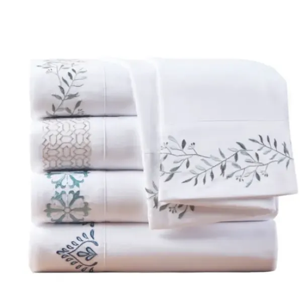 Bed Sheets-Kirkland's Home Medallion Hem Microfiber 4-Pc. Queen Sheet Set White/Blue