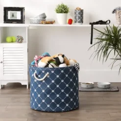 Baskets & Boxes-Kirkland's Home Medium Black Paw Patch Stripe Round Pet Basket Gray/Black