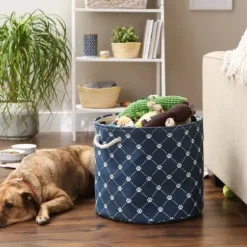 Baskets & Boxes-Kirkland's Home Medium Black Paw Patch Stripe Round Pet Basket Gray/Black