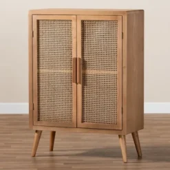 Cabinets & Sideboards-Kirkland's Home Medium Oak Rattan 2-Door Cabinet
