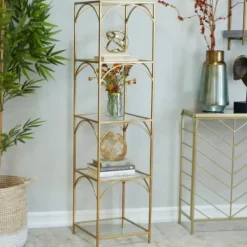 Bookshelves-Kirkland's Home Metal And Clear Glass 4-Tier Shelf Gold