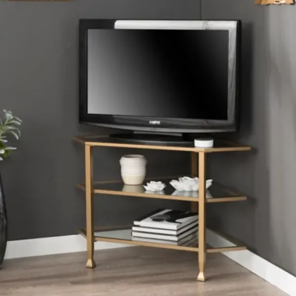 Tv Stands & Media Consoles-Kirkland's Home Metal And Glass Corner Tv Stand Gold
