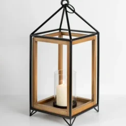 Lanterns-Kirkland's Home Metal And Wood House Frame Lantern, 21 In. Brown/Black