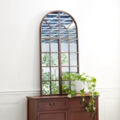Decorative Mirrors-Kirkland's Home Metal Arch Frame Windowpane Wall Mirror Brown