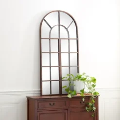 Decorative Mirrors-Kirkland's Home Metal Arch Frame Windowpane Wall Mirror Brown