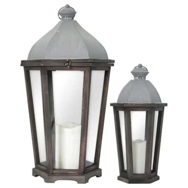 Lanterns-Kirkland's Home Metal Arch Top Led Lanterns, Set Of 2 Gray/Brown