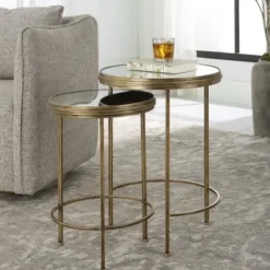 Accent & End Tables-Kirkland's Home Metal Mirror Top 2-Pc. Nesting Side Table Set Gold